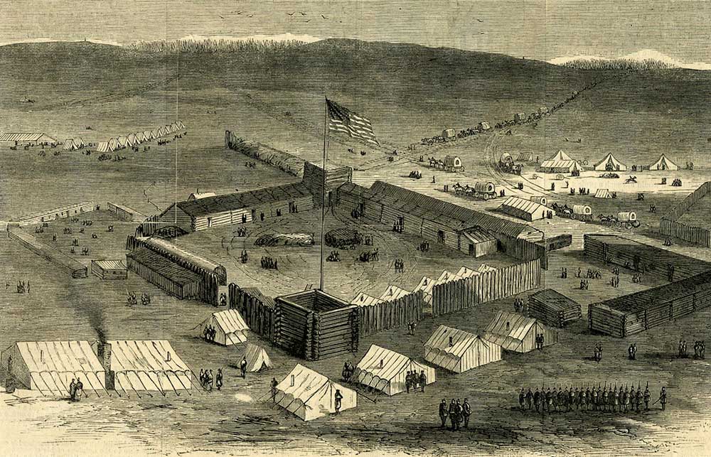 This historic illustration of Camp Supply depicts an overhead view of multiple tents, wooden structures, and troops at Campy Supply