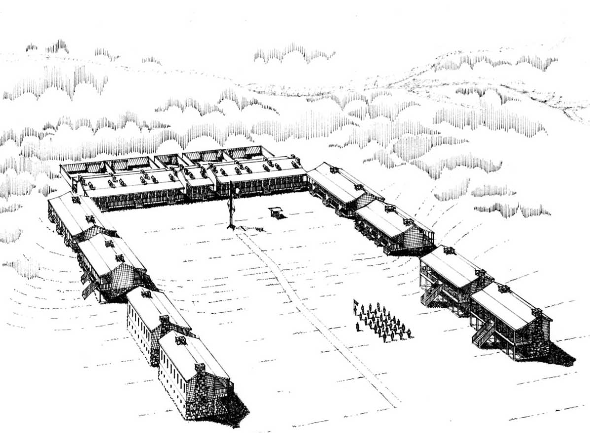 This illustration of Fort Towson depicts a small group of soldiers in the middle of multiple structures arranged in an inverted U shape.