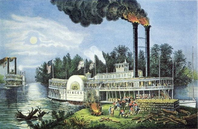 A colorful illustration of steamboats on the river and numerous people on land with stacks of wood. Fire and dark smoke billow from the boat's stacks.